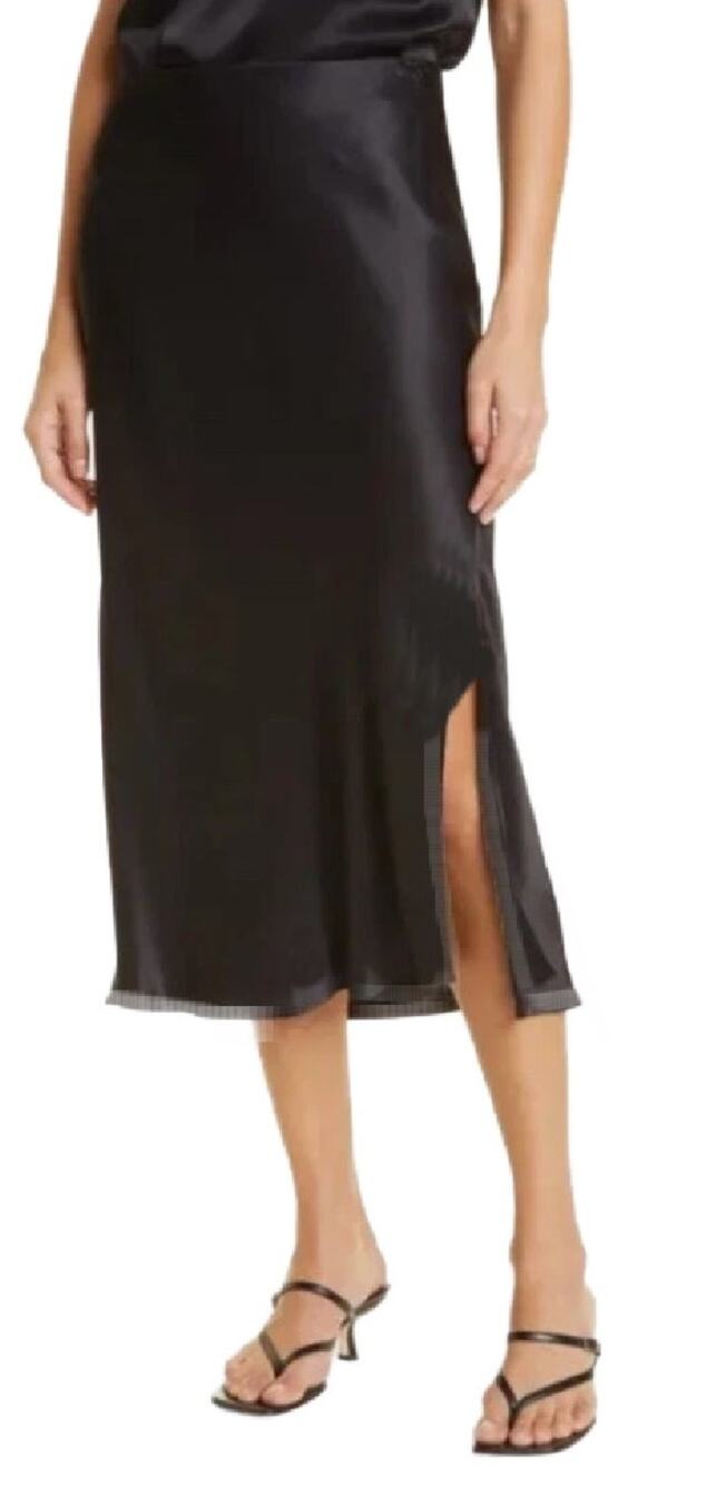 REBECCA MINKOFF Black Satin Midi Slip Skirt Large Side Slits Silky Minimalist